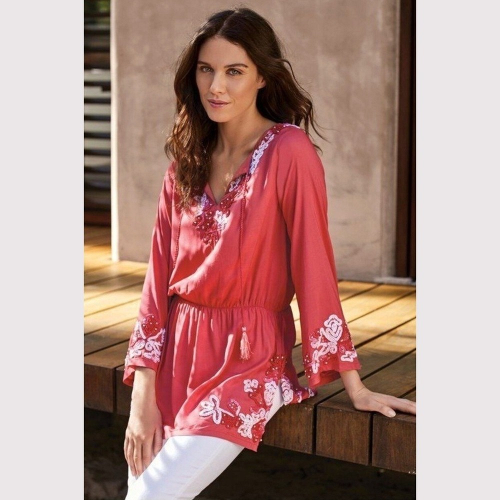 Soft Surroundings Womens‎ Small Tunic Top Embroidered Beaded Tassel Coral Crush